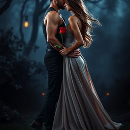 A stunning dark romance book cover featuring a beautiful couple standing closely together in an intimate pose