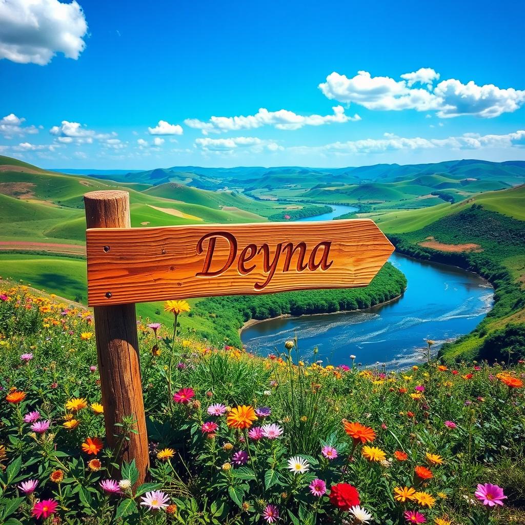 A breathtaking landscape with rolling hills and vibrant wildflowers under a clear blue sky, a serene river winding through the scene, reflecting the sunlight