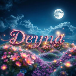 A captivating digital artwork featuring the name 'Deyna' creatively integrated into a vibrant and mystical landscape