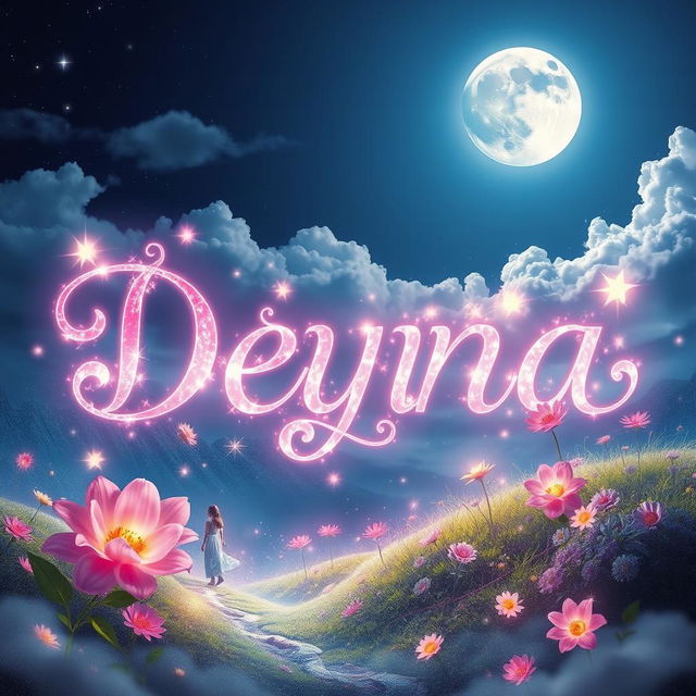 A captivating digital artwork featuring the name 'Deyna' creatively integrated into a vibrant and mystical landscape