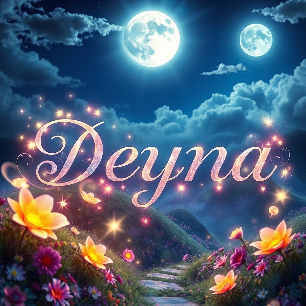 A captivating digital artwork featuring the name 'Deyna' creatively integrated into a vibrant and mystical landscape