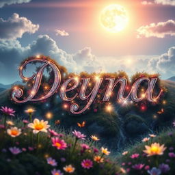 A captivating digital artwork featuring the name 'Deyna' creatively integrated into a vibrant and mystical landscape