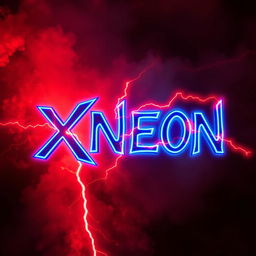 The word 'XNEON' styled in neon colors with vibrant shades of blue, featuring bold red lightning striking around it