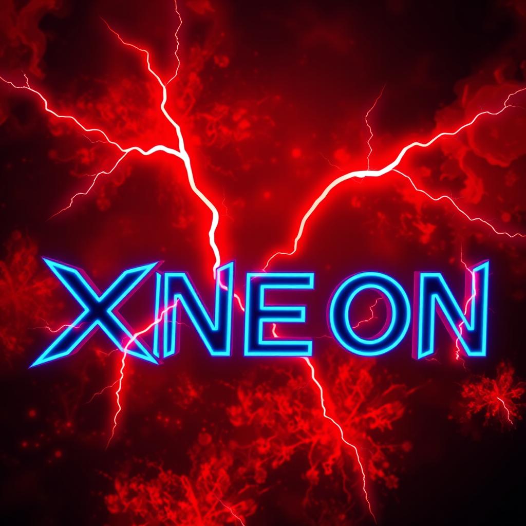 The word 'XNEON' styled in neon colors with vibrant shades of blue, featuring bold red lightning striking around it