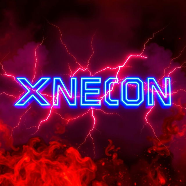 The word 'XNEON' styled in neon colors with vibrant shades of blue, featuring bold red lightning striking around it