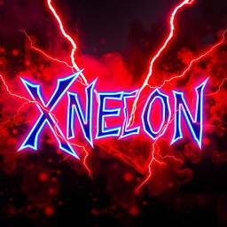 The word 'XNEON' styled in neon colors with vibrant shades of blue, featuring bold red lightning striking around it