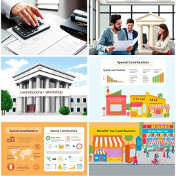 Six visually engaging and informative images depicting the concept of Special Contributions in taxation