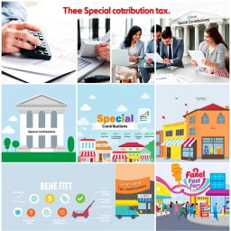 Six visually engaging and informative images depicting the concept of Special Contributions in taxation