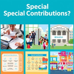Six visually engaging and informative images depicting the concept of Special Contributions in taxation