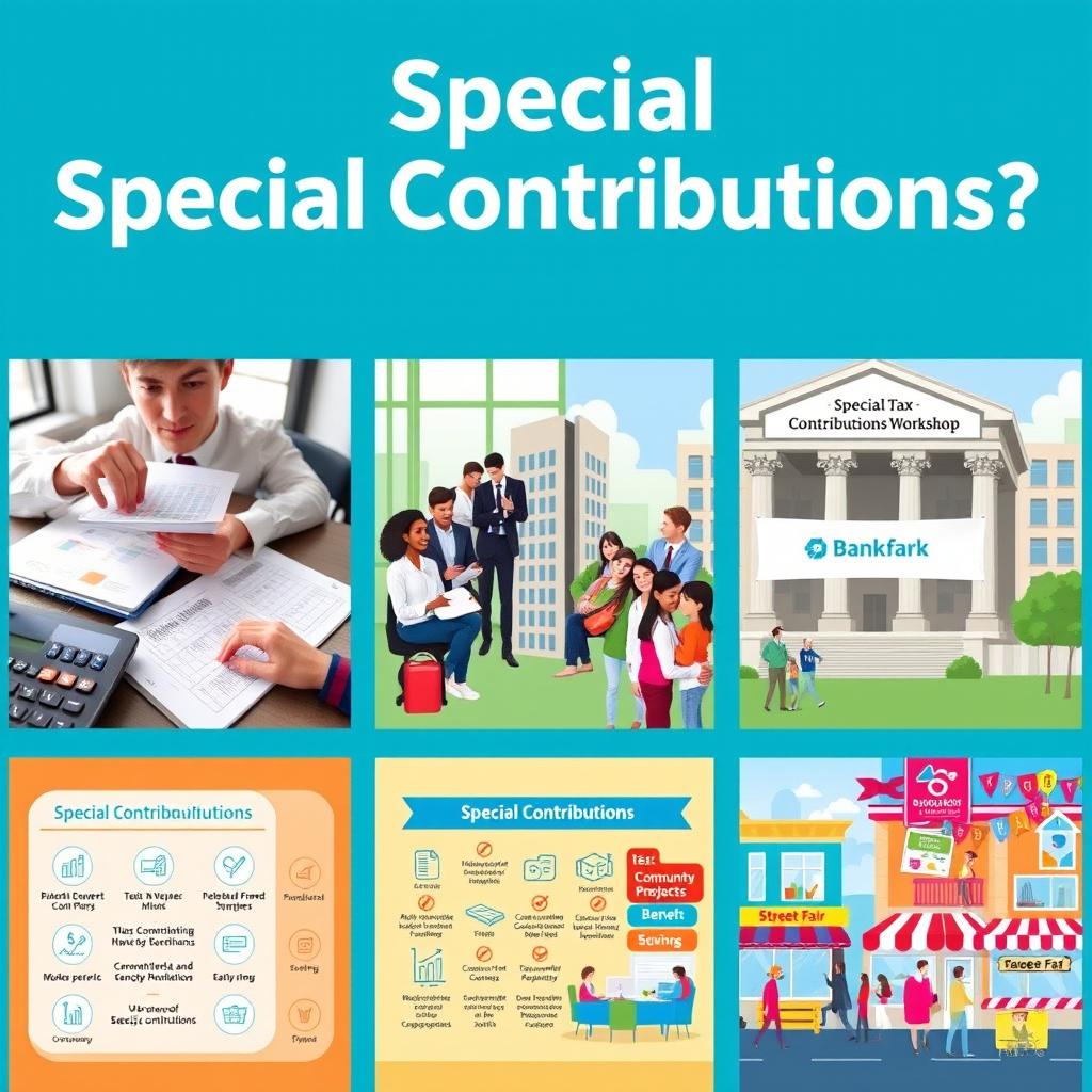 Six visually engaging and informative images depicting the concept of Special Contributions in taxation
