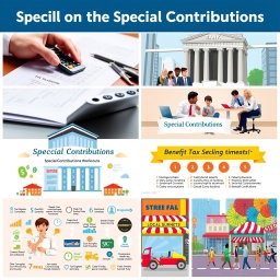 Six visually engaging and informative images depicting the concept of Special Contributions in taxation