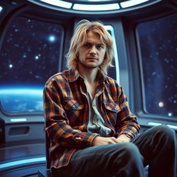 A middle-aged Kurt Cobain looking thoughtful and reflective, seated in a futuristic space setting, inspired by a starbase atmosphere