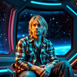 A middle-aged Kurt Cobain looking thoughtful and reflective, seated in a futuristic space setting, inspired by a starbase atmosphere