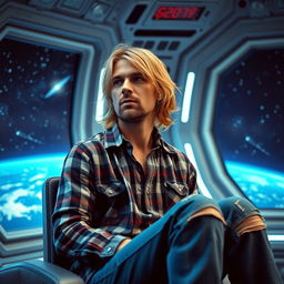 A middle-aged Kurt Cobain looking thoughtful and reflective, seated in a futuristic space setting, inspired by a starbase atmosphere