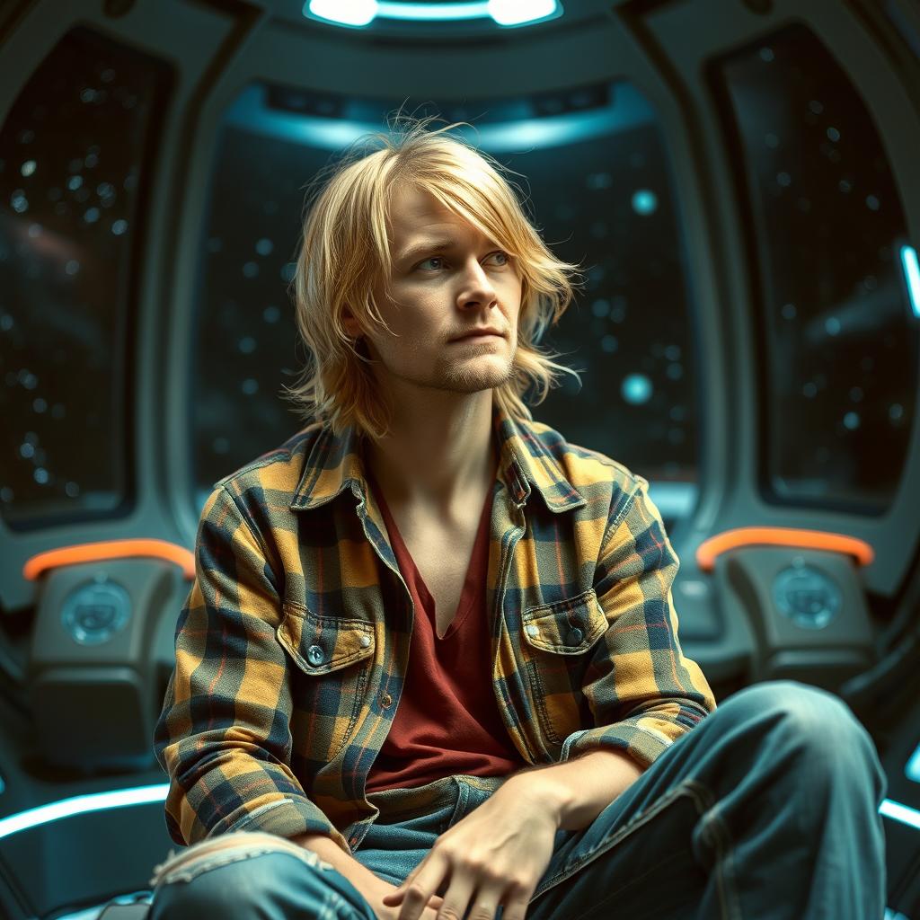 A middle-aged Kurt Cobain looking thoughtful and reflective, seated in a futuristic space setting, inspired by a starbase atmosphere
