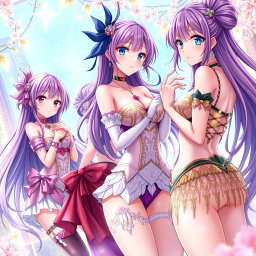 A group of beautiful anime girls in an artistic, tasteful depiction, showcasing alluring poses and vibrant colors
