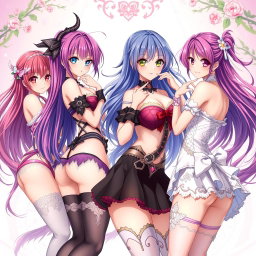 A group of beautiful anime girls in an artistic, tasteful depiction, showcasing alluring poses and vibrant colors