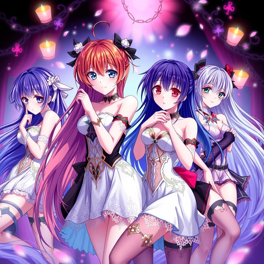 A group of beautiful anime girls in an artistic, tasteful depiction, showcasing alluring poses and vibrant colors