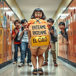 A humorous and exaggerated scene set in a lively college hallway, featuring a full-body view of a quirky Japanese nerdy girl bending over, showcasing her bubble buttocks with a playful sign reading 'PATEAME EL CULO' on her back