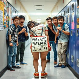 A humorous and exaggerated scene set in a lively college hallway, featuring a full-body view of a quirky Japanese nerdy girl bending over, showcasing her bubble buttocks with a playful sign reading 'PATEAME EL CULO' on her back