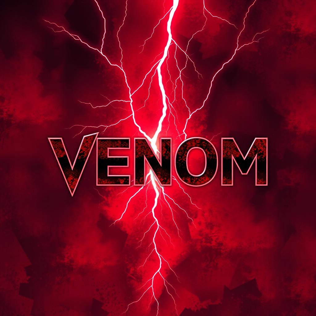 A striking graphic design featuring red lightning striking through a fiery background that is predominantly bloody red, with shades of blue subtly blended throughout the scene
