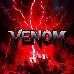 A striking graphic design featuring red lightning striking through a fiery background that is predominantly bloody red, with shades of blue subtly blended throughout the scene