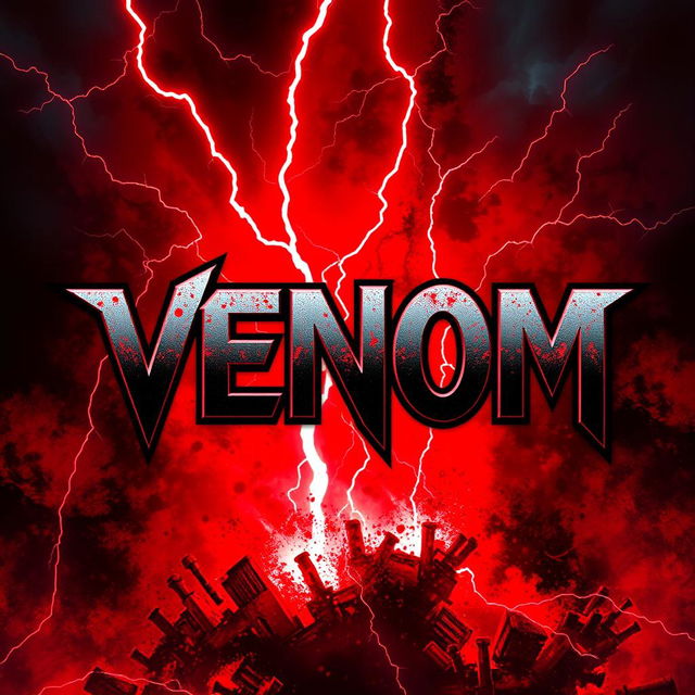 A striking graphic design featuring red lightning striking through a fiery background that is predominantly bloody red, with shades of blue subtly blended throughout the scene