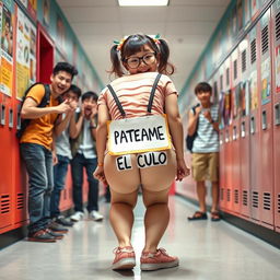 A comedic and playful scene set in a college hallway, featuring a full-body view of a Japanese nerdy girl bending over, her bubble buttocks prominently displayed
