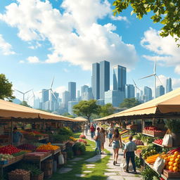 A mesmerizing economic landscape scene showcasing a vibrant market bustling with activity