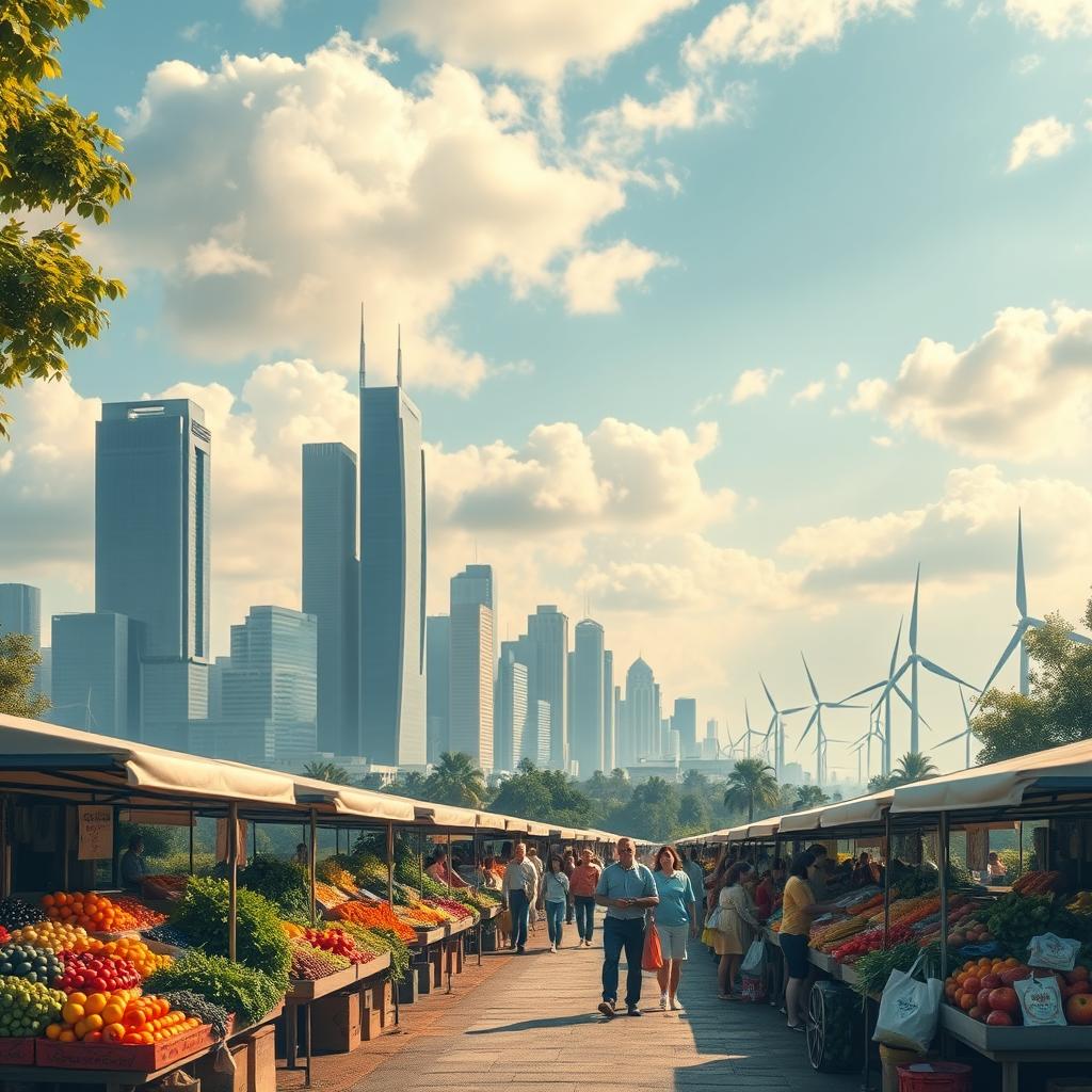 A mesmerizing economic landscape scene showcasing a vibrant market bustling with activity