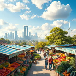 A mesmerizing economic landscape scene showcasing a vibrant market bustling with activity