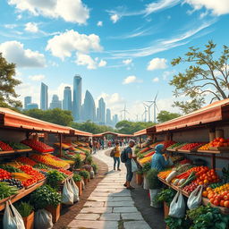A mesmerizing economic landscape scene showcasing a vibrant market bustling with activity