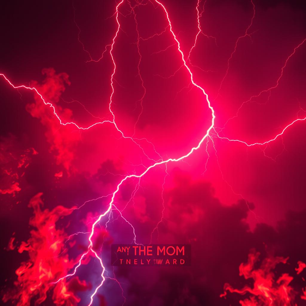 A dramatic scene featuring intense red lightning bolts striking through a background of bloody red flames, creating a fierce and fiery ambiance