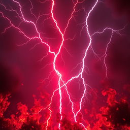 A dramatic scene featuring intense red lightning bolts striking through a background of bloody red flames, creating a fierce and fiery ambiance