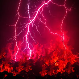 A dramatic scene featuring intense red lightning bolts striking through a background of bloody red flames, creating a fierce and fiery ambiance