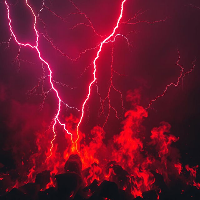 A dramatic scene featuring intense red lightning bolts striking through a background of bloody red flames, creating a fierce and fiery ambiance