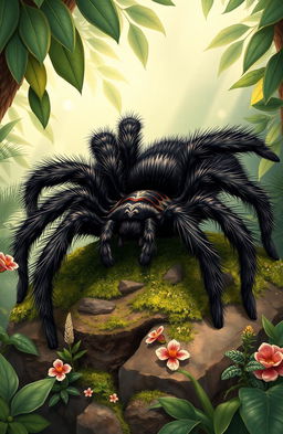 A detailed illustration of an arachnid, showcasing a large, majestic tarantula in its natural habitat