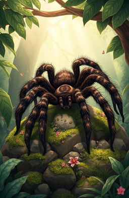 A detailed illustration of an arachnid, showcasing a large, majestic tarantula in its natural habitat