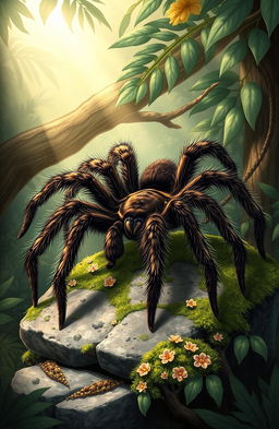 A detailed illustration of an arachnid, showcasing a large, majestic tarantula in its natural habitat