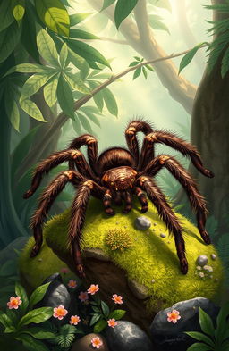 A detailed illustration of an arachnid, showcasing a large, majestic tarantula in its natural habitat