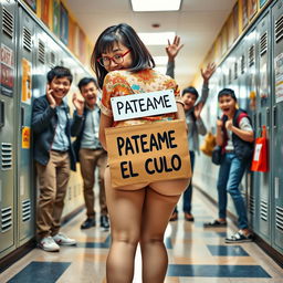 A comedic and playful scene set in a lively college hallway, featuring a full-body view of a Japanese nerdy woman bending over, highlighting her bubble buttocks with a humorous sign reading 'PATEAME EL CULO' affixed to her back