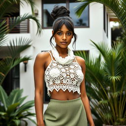 A realistic image of a woman with olive skin and dark hair tied into a bun with loose strands framing her face