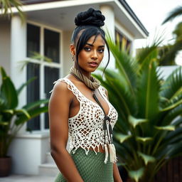 A realistic image of a woman with olive skin and dark hair tied into a bun with loose strands framing her face