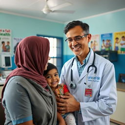 A professional and inspiring photo of a UNICEF doctor in Bangladesh, focused on providing healthcare to children in a rural clinic