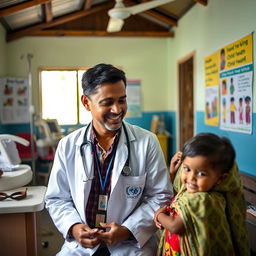 A professional and inspiring photo of a UNICEF doctor in Bangladesh, focused on providing healthcare to children in a rural clinic