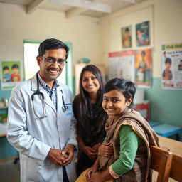 A professional and inspiring photo of a UNICEF doctor in Bangladesh, focused on providing healthcare to children in a rural clinic