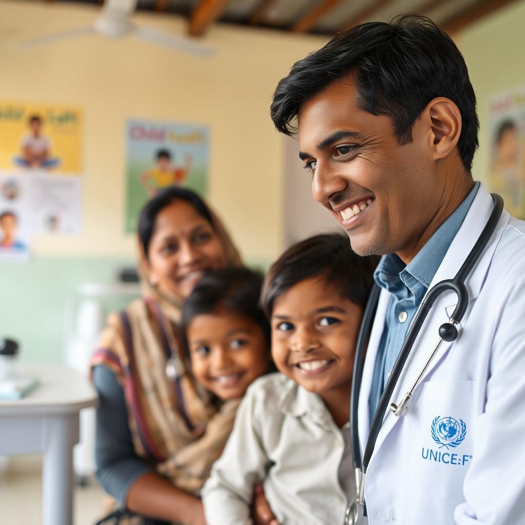 A professional and inspiring photo of a UNICEF doctor in Bangladesh, focused on providing healthcare to children in a rural clinic