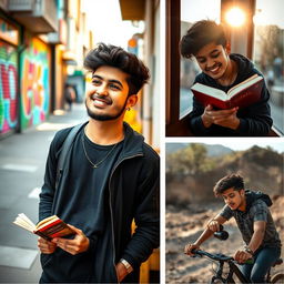 A collection of artistic portraits featuring a young adult male named Sayem, showcasing his personality in various settings