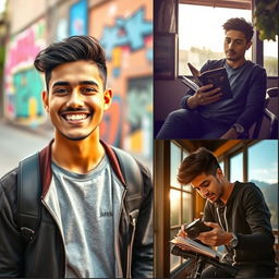 A collection of artistic portraits featuring a young adult male named Sayem, showcasing his personality in various settings