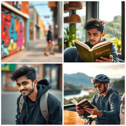 A collection of artistic portraits featuring a young adult male named Sayem, showcasing his personality in various settings